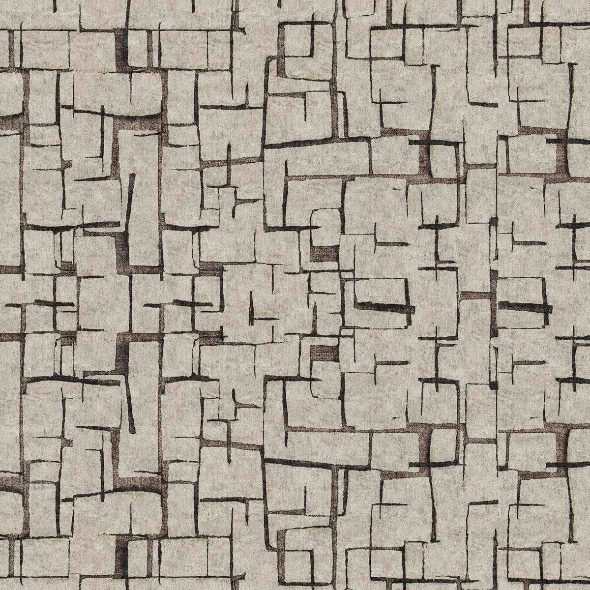 Beige and charcoal grey rug with an abstract, hand-drawn grid pattern of intersecting rectangular lines.