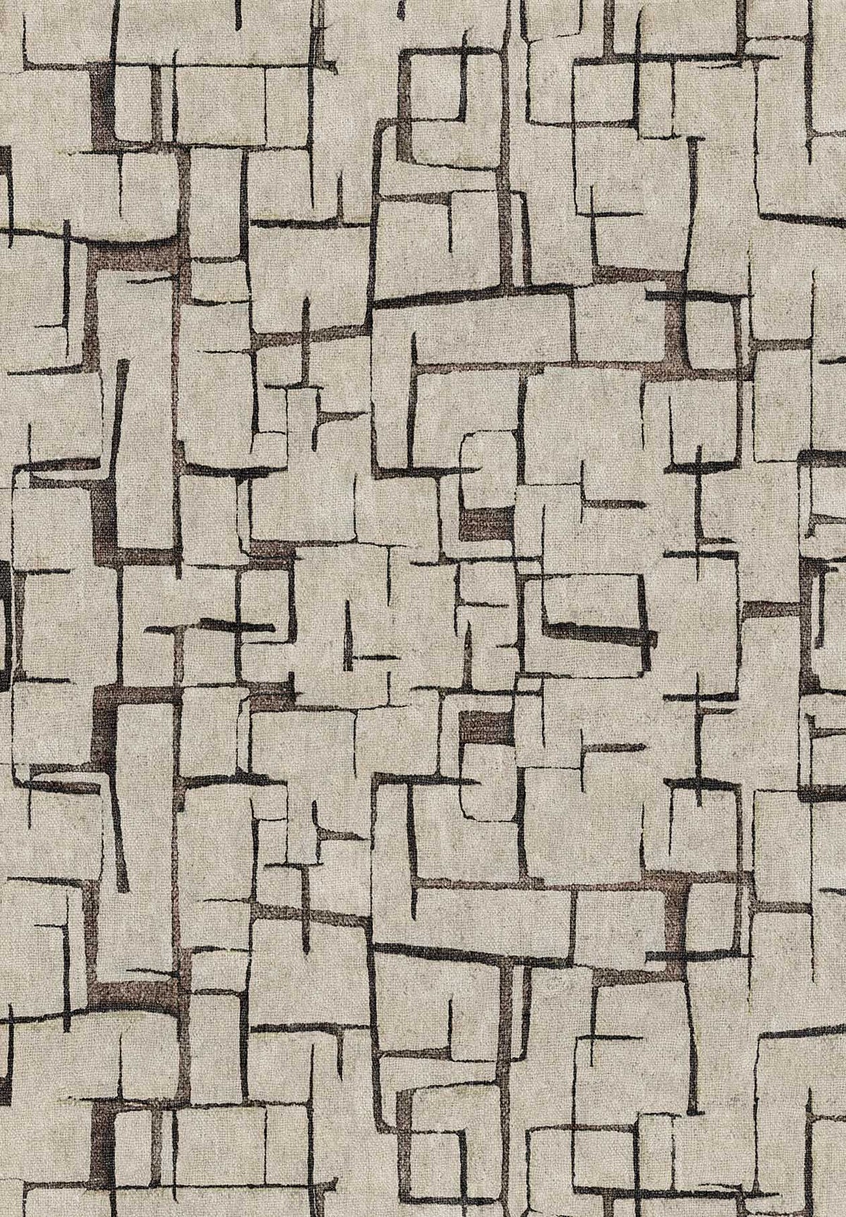Beige and dark brown rug with an abstract, hand-drawn grid pattern of intersecting rectangular lines.