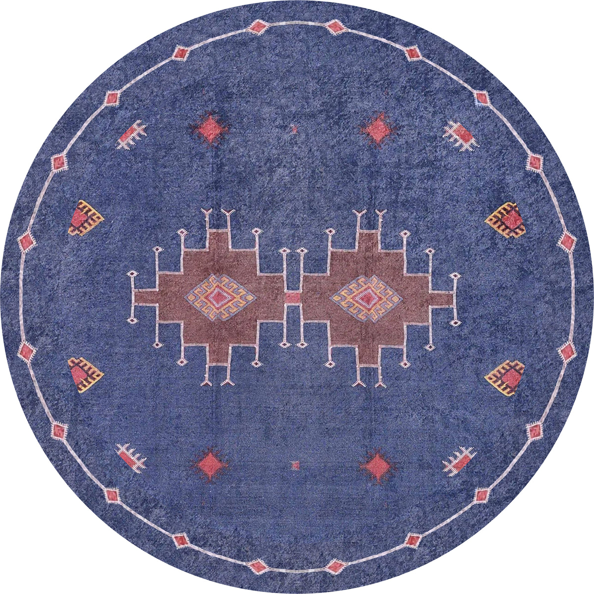 The Wanderer's Way - Washable Rug - JR5101 (Custom Size) is a round blue rug with brown, red, yellow, and white geometric patterns and decorative border—perfect for high-traffic areas.