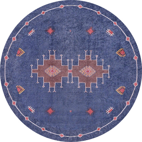 Load image 1 in gallery view. The Wanderer's Way - Washable Rug - JR5101 (Custom Size) is a round blue rug with brown, red, yellow, and white geometric patterns and decorative border—perfect for high-traffic areas.