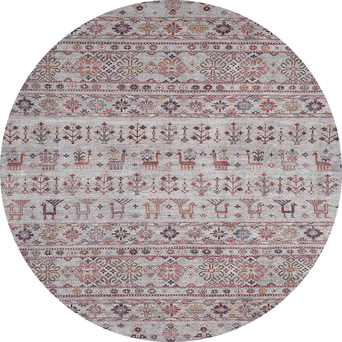 The Nomad's Nest - Washable Rug - JR5088 is an oval-shaped, light gray rug with symmetrical geometric, floral, tree, and animal motifs in red, orange, blue, and brown—perfect for high-traffic areas.