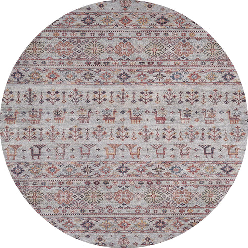 Load image 1 in gallery view. The Nomad's Nest - Washable Rug - JR5088 is an oval-shaped, light gray rug with symmetrical geometric, floral, tree, and animal motifs in red, orange, blue, and brown—perfect for high-traffic areas.