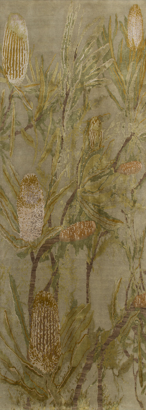 Load image 1 in gallery view. The Dreamweaver's Loom - Washable Rug - JRS001 features a flat weave with intricate green leaves and large brown-yellow protea flowers on a muted beige background, adding nature-inspired elegance and easy-care style to any space.
