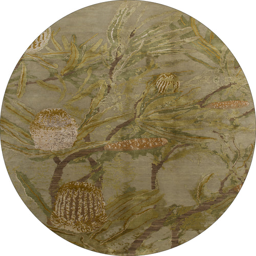 Load image 1 in gallery view. Dreamweaver's Loom - Washable Rug - JRS001 features a flat weave with large stylized banksia flowers and green leaves on an earth-toned background. Its intricate, painterly botanical design adds a natural, organic touch to your space.