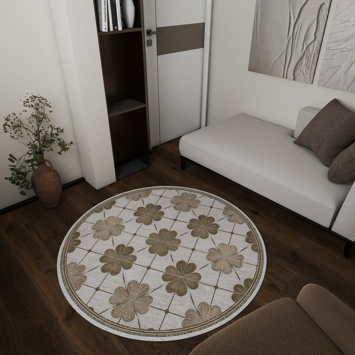 Round beige and cream rug with a repeating floral grid pattern, styled in a modern living room.