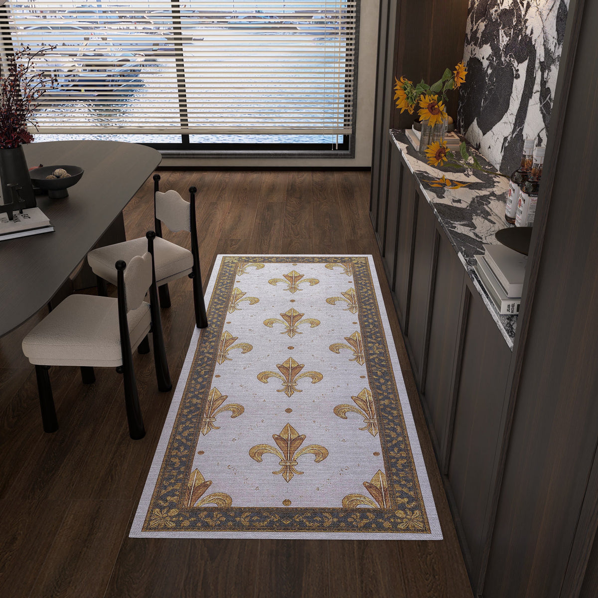 White runner rug with gold fleur-de-lis pattern and dark border, styled in a modern dining room.