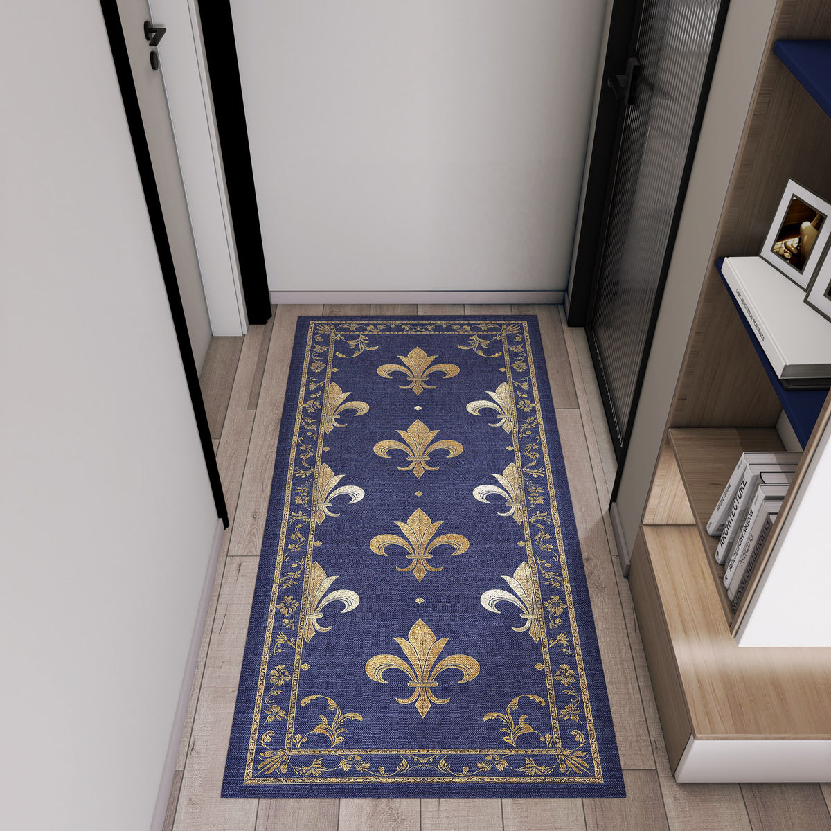Navy blue runner rug with a gold fleur-de-lis pattern and ornate border, styled in a modern hallway.