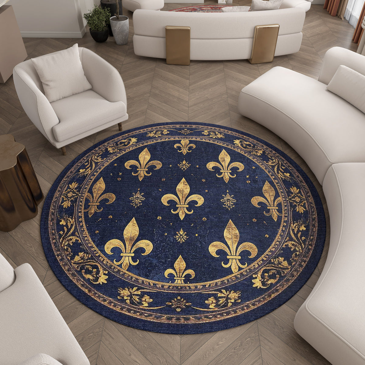 Round navy blue rug with gold fleur-de-lis pattern and ornate border, styled in a modern living room.