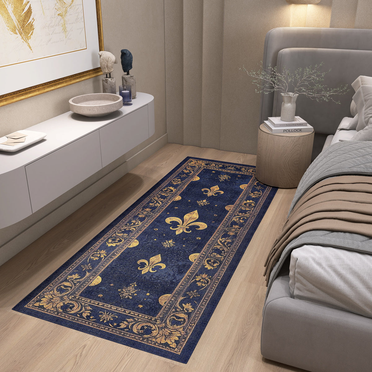 Navy blue runner rug with gold fleur-de-lis and floral border patterns, styled in a modern bedroom.