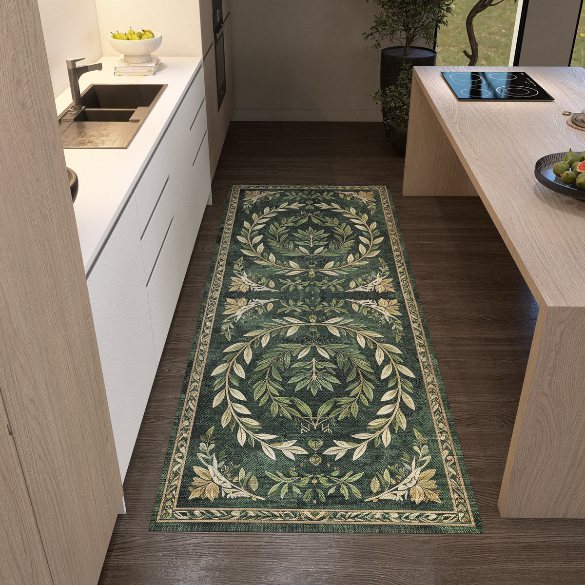 Dark green runner rug with a botanical laurel leaf pattern, styled in a modern kitchen.
