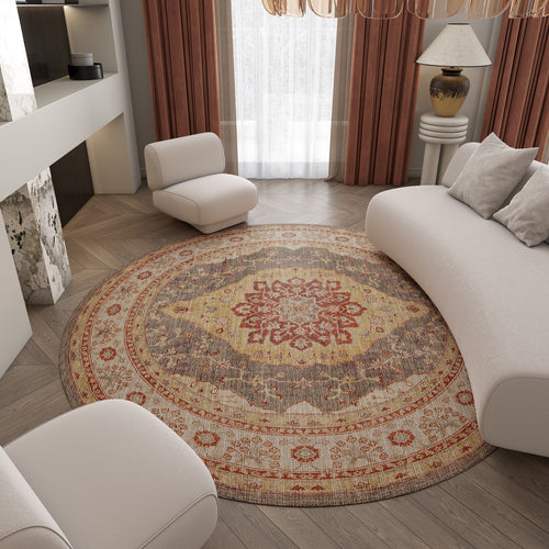 Bild 1 in Galerieansicht laden. Round rug with a red, gold, and grey traditional medallion pattern, styled in a modern living room.
