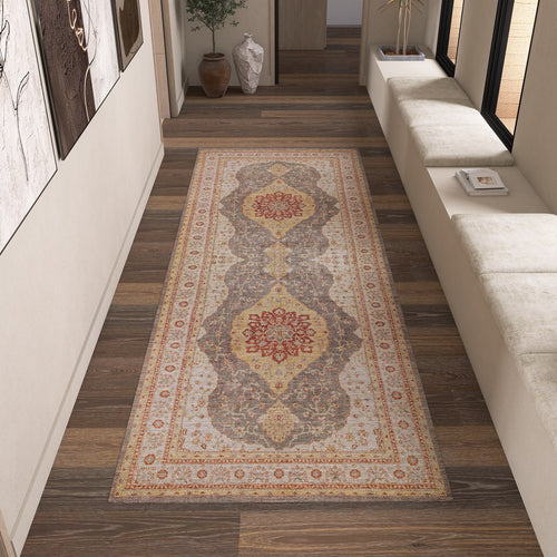 Bild 1 in Galerieansicht laden. Grey and yellow runner rug with a traditional floral medallion pattern, styled in a modern hallway.