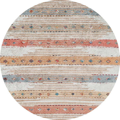 Load image 1 in gallery view. The Nomad's Nostalgia - Washable Rug (JR1669) is an oval multicolor rug with horizontal stripes in beige, coral, blue, and tan, plus diamond and dot patterns—stylish and perfect for high-traffic areas.