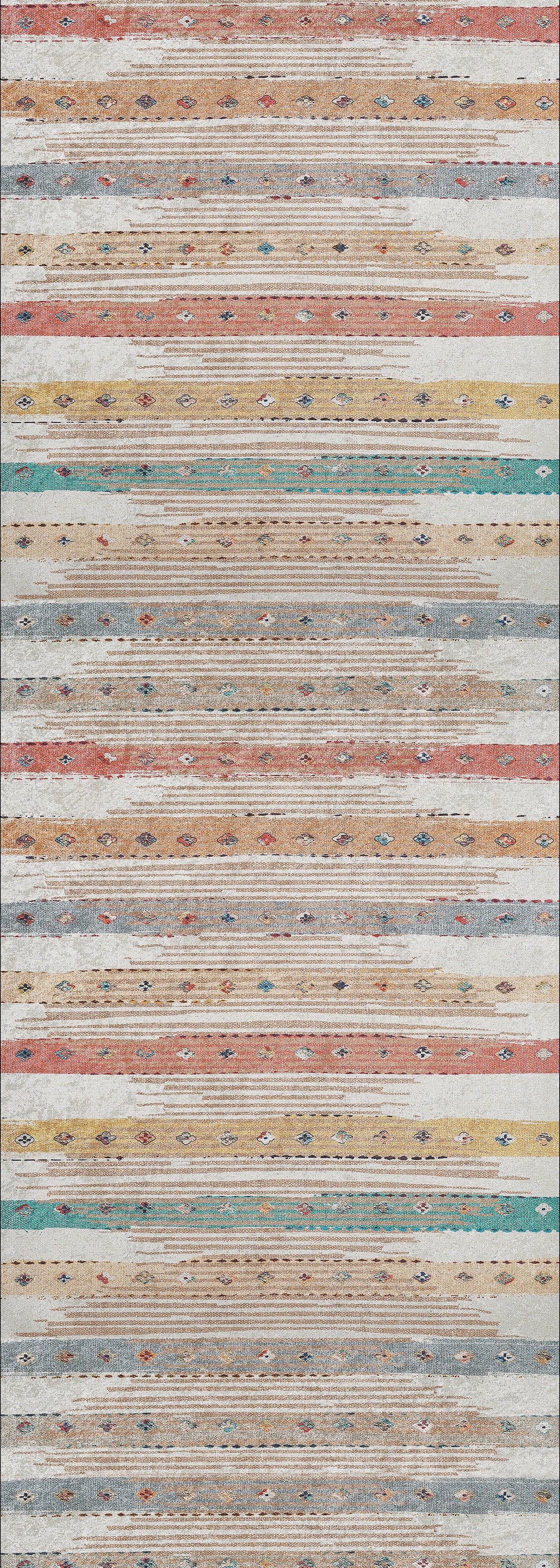 Add color to high-traffic areas with the Nomad's Nostalgia - Washable Rug (JR1669). This vibrant multicolor rug features orange, yellow, blue, green, and beige stripes, diamond accents, and a slightly distressed look.
