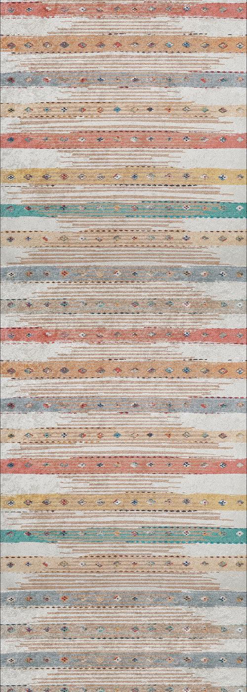 Load image 1 in gallery view. Add color to high-traffic areas with the Nomad's Nostalgia - Washable Rug (JR1669). This vibrant multicolor rug features orange, yellow, blue, green, and beige stripes, diamond accents, and a slightly distressed look.