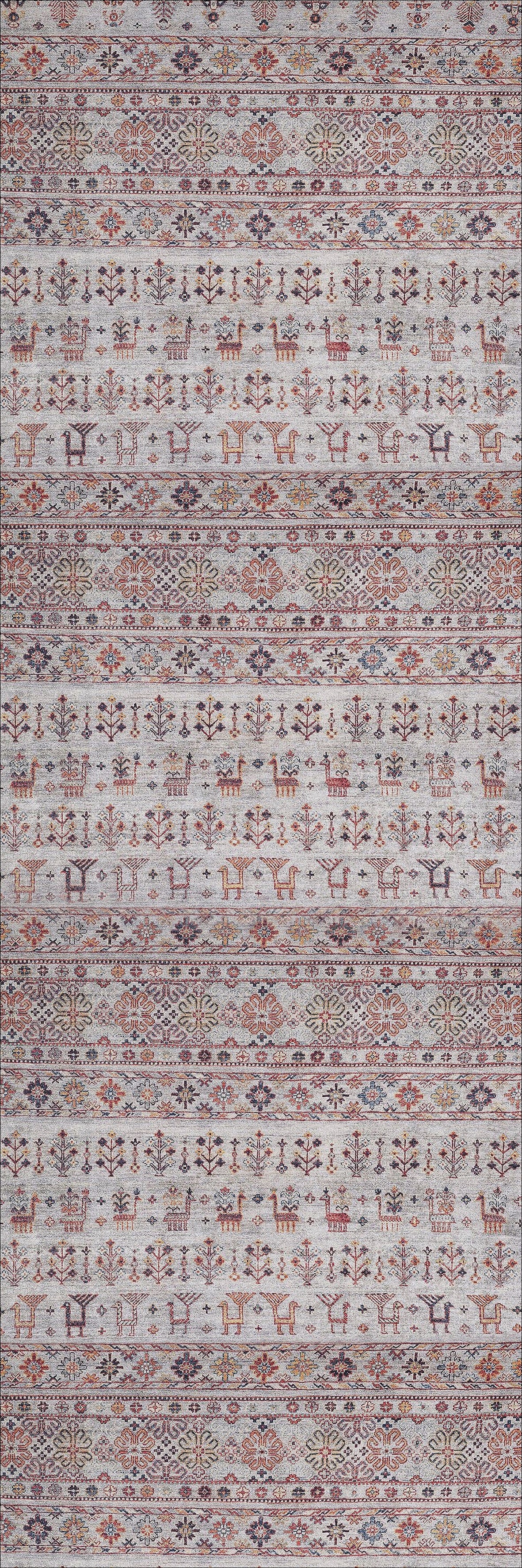 The Nomad's Nest - Washable Rug - JR5088 features horizontal geometric shapes, stylized trees, birds, and animal motifs in muted red, brown, and purple on light gray—ideal for high-traffic or allergy-sensitive spaces.
