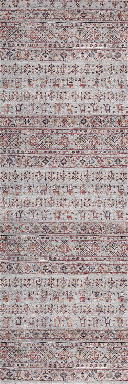 Load image 1 in gallery view. The Nomad's Nest - Washable Rug - JR5088 features horizontal geometric shapes, stylized trees, birds, and animal motifs in muted red, brown, and purple on light gray—ideal for high-traffic or allergy-sensitive spaces.