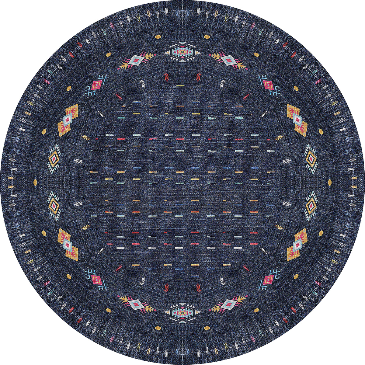 The Wanderer's Way - Washable Rug - JR5101 is a round blue rug with a dark background and colorful, symmetrical geometric and diamond patterns in red, yellow, white, and pink—ideal for high-traffic areas.