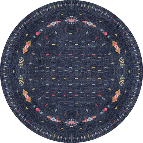 Load image 1 in gallery view. The Wanderer's Way - Washable Rug - JR5101 is a round blue rug with a dark background and colorful, symmetrical geometric and diamond patterns in red, yellow, white, and pink—ideal for high-traffic areas.