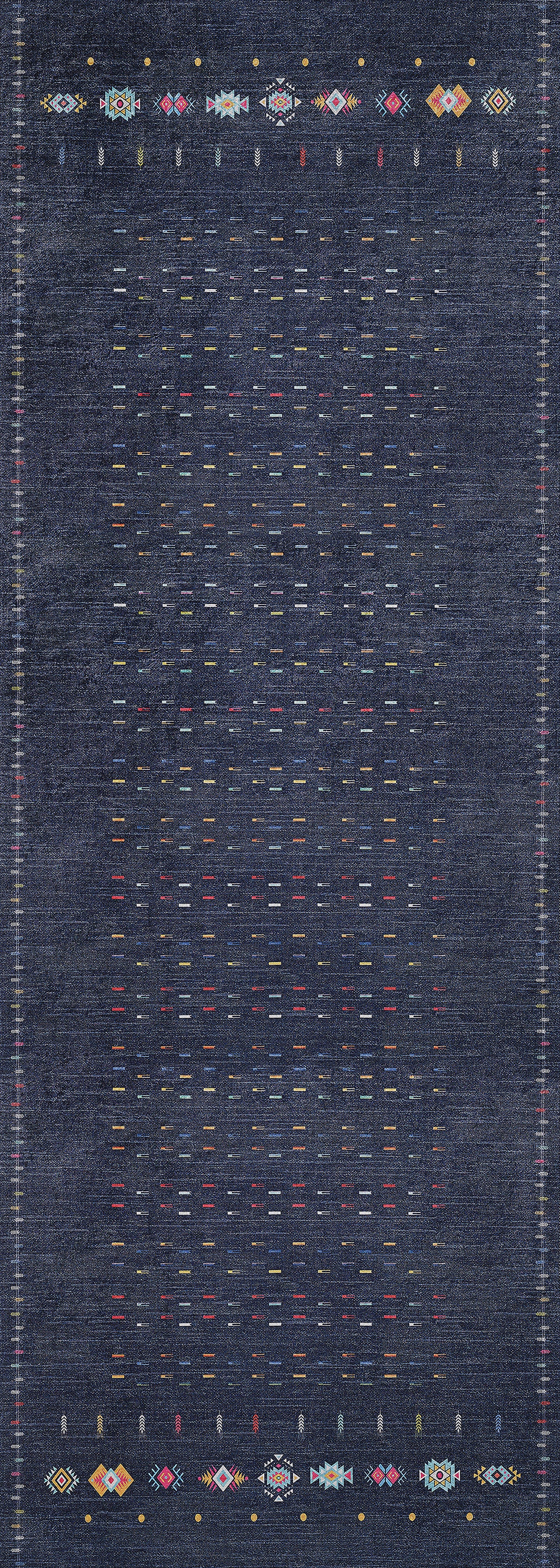 The Wanderer's Way - Washable Rug - JR5101 is a rectangular dark blue rug with small, colorful geometric patterns on the top and bottom edges and sparse multicolored stitched lines in the center—ideal for high-traffic areas.
