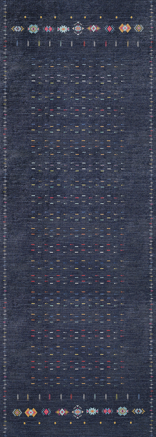 Load image 1 in gallery view. The Wanderer's Way - Washable Rug - JR5101 is a rectangular dark blue rug with small, colorful geometric patterns on the top and bottom edges and sparse multicolored stitched lines in the center—ideal for high-traffic areas.