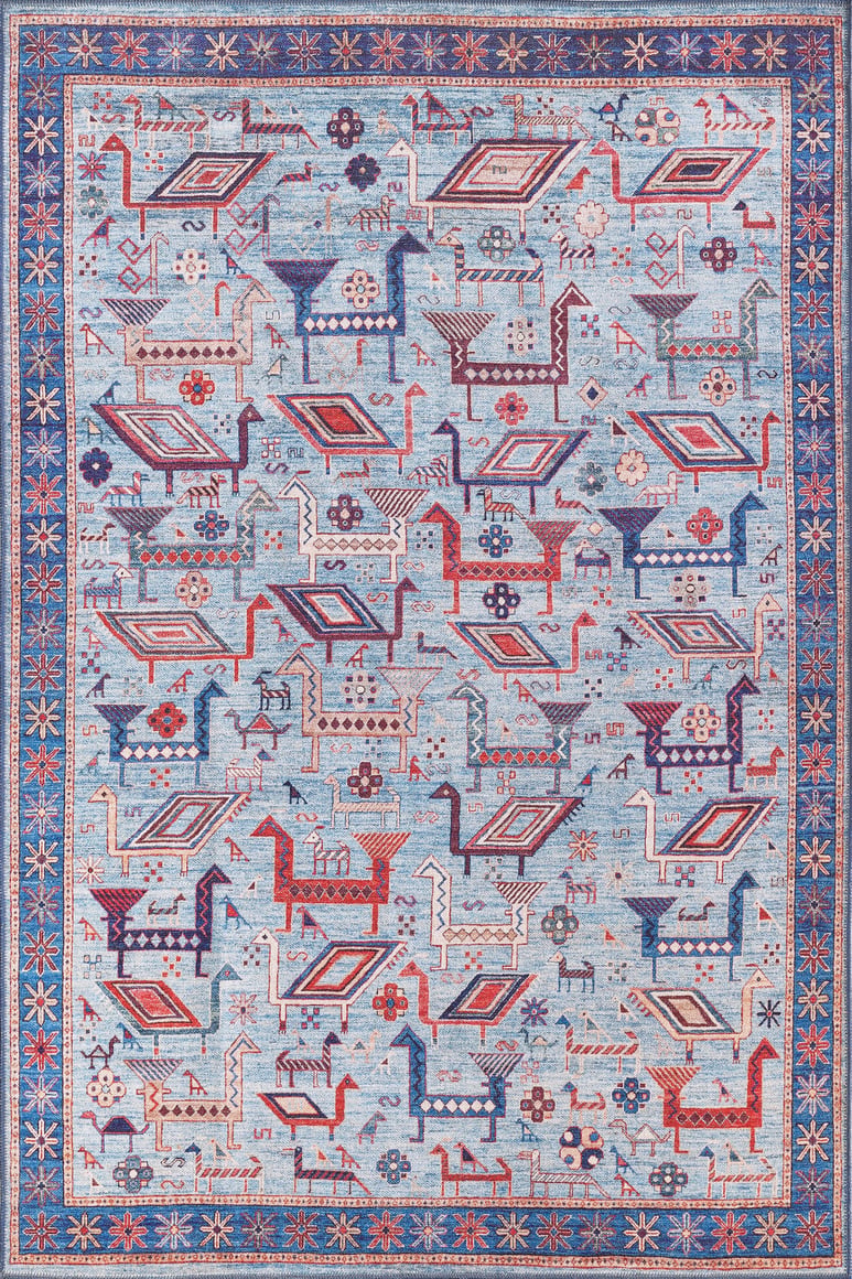 The Birdwatcher's Dream Blue Washable Rug - LCC3020 features geometric shapes and stylized animal patterns in red, blue, and cream on a light blue background with floral borders—ideal for high-traffic areas. Custom size available.