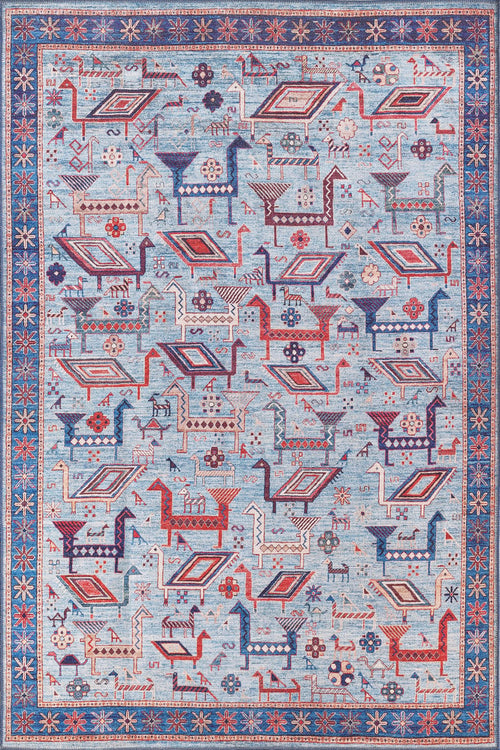 Load image 1 in gallery view. The Birdwatcher's Dream Blue Washable Rug - LCC3020 features an intricate geometric and abstract animal design in red, navy, and white with a star and floral border, making it ideal for high-traffic areas.