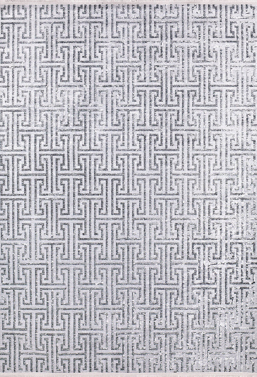 Load image 1 in gallery view. The Jazz Age - Washable Rug - JR1225 (Custom Size) features interlocking, maze-like geometric shapes in metallic silver and gray, forming a textured, repetitive design ideal for modern interiors.