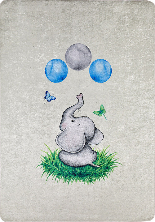 Load image 1 in gallery view. A cute gray baby elephant with three balloons sits on grass as blue and green butterflies flutter nearby, all atop the Joyful Elephant - Machine-Washable Rug JRC026 (Custom Size) featuring a light, textured background.