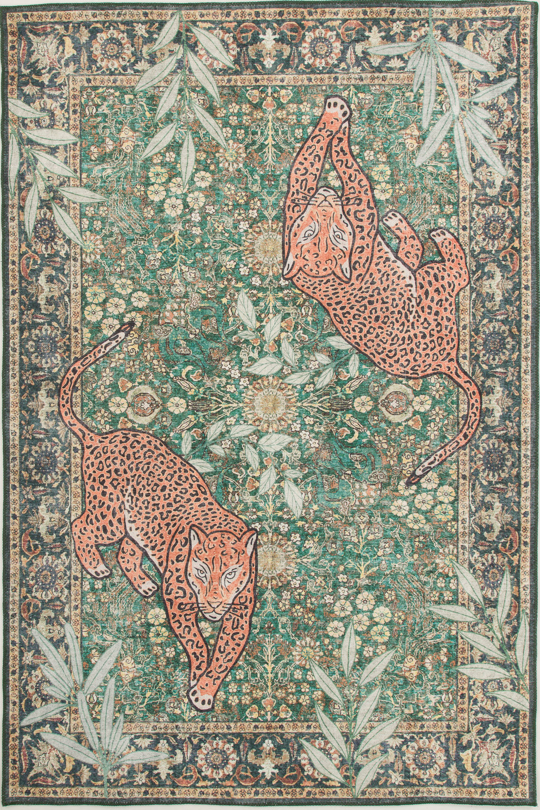 The Jungle Ember - Washable Rug (JR0047) features two orange leopards facing opposite directions amid lush green foliage and detailed floral patterns, creating a stylish and charming decorative accent for your space.