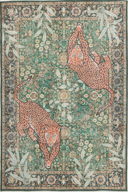 Load image 1 in gallery view. The Jungle Ember - Washable Rug (JR0047) features two orange leopards facing opposite directions amid lush green foliage and detailed floral patterns, creating a stylish and charming decorative accent for your space.