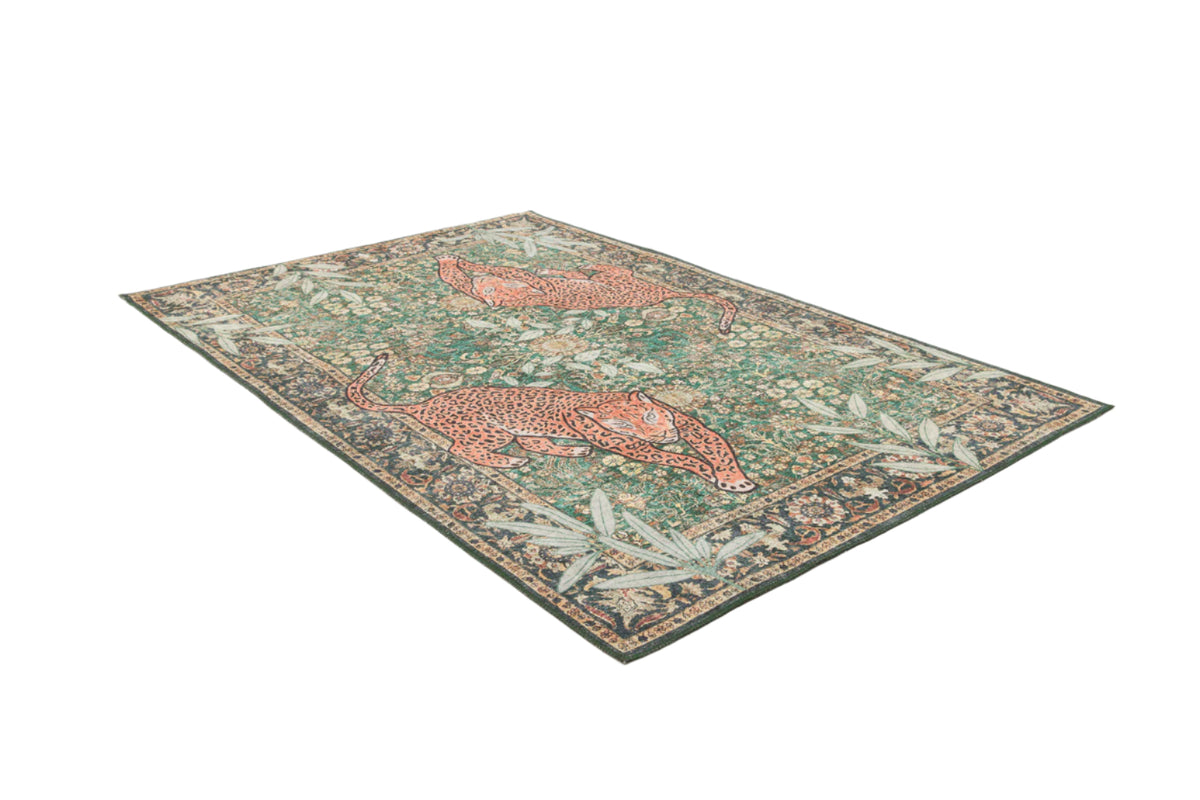 The Jungle Ember - Washable Rug - JR0047 is a rectangular green area rug with a floral background, two orange leopards in the center, and a decorative geometric border. Its bold design and washable fabric add standout style to any room.