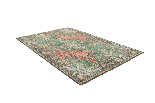 Load image 1 in gallery view. The Jungle Ember - Washable Rug - JR0047 is a rectangular green area rug with a floral background, two orange leopards in the center, and a decorative geometric border. Its bold design and washable fabric add standout style to any room.