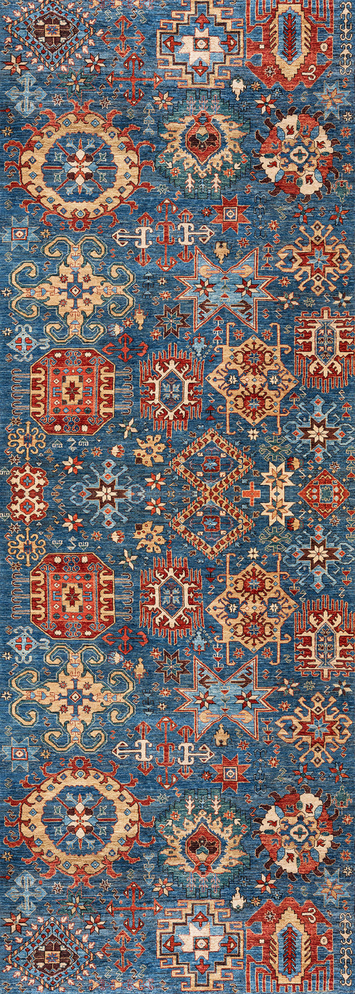 Load image 1 in gallery view. The Kaleidos Authentic Blue Washable Rug - LCC3028 features intricate geometric and floral patterns in red, gold, cream, and brown on a blue background. Its symmetrical design brings vibrant, traditional style—ideal for high-traffic areas and easy to clean.