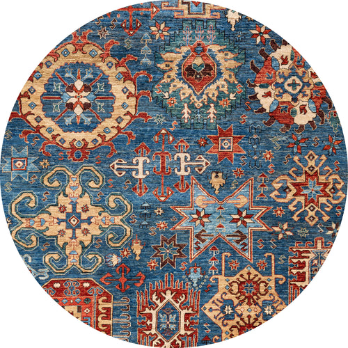 Load image 1 in gallery view. The Kaleidos Authentic Blue Washable Rug - LCC3028 features an intricate geometric and floral pattern in red, beige, and gold. Its traditional motifs and durable design make it ideal for high-traffic areas while adding vibrant style.