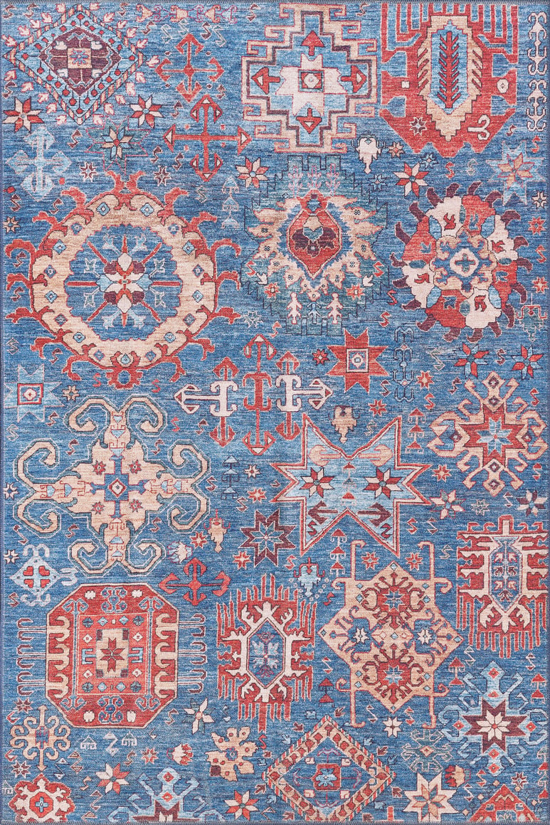 The Kaleidos Authentic Blue Washable Rug - LCC3028 features vibrant geometric and floral motifs in red, white, gold, and beige on a blue background. Its durable design with stars, crosses, and medallions suits high-traffic areas. Custom sizes available.