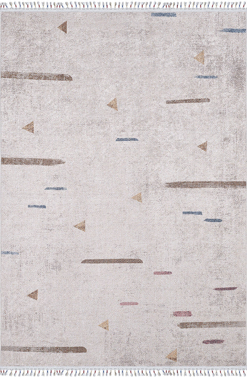Load image 1 in gallery view. The Kaleidoscope Dreams - Washable Rug - JR5055 (Custom Size) features a light beige base with brown, blue, and red triangle and line motifs, subtle fringe ends, and a minimal abstract style—ideal for allergy-sensitive spaces or busy areas.