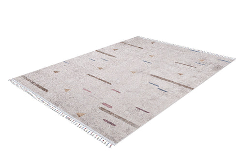 Load image 1 in gallery view. The Kaleidoscope Dreams - Washable Rug - JR5055 (Custom Size) features a rectangular beige design with short fringe, adorned with simple brown, blue, and red geometric patterns—ideal for high-traffic areas.