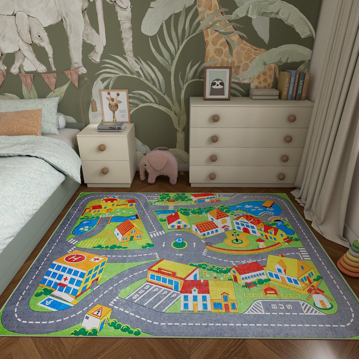 Multi-colored town and road map play rug in a children's bedroom with jungle-themed wallpaper.