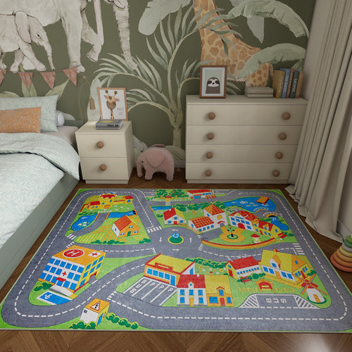 Load image 1 in gallery view. Multi-colored town and road map play rug in a children's bedroom with jungle-themed wallpaper.