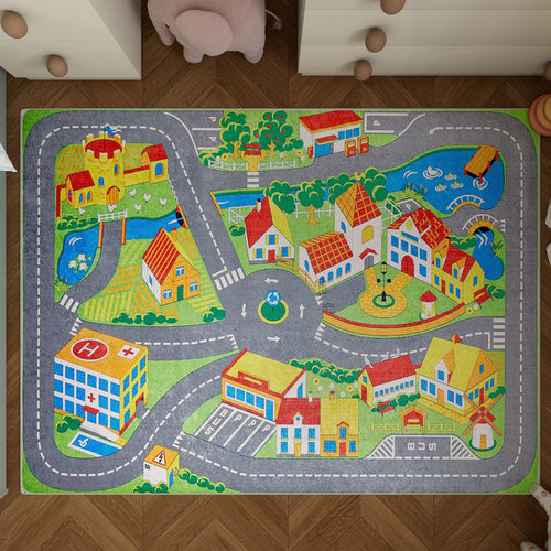 Bild 1 in Galerieansicht laden. The Zooming Metropolis - Machine-Washable Rug JRC012 features a vibrant cityscape with roads, houses, hospital, parks, and bridges. Ideal for kids’ rooms or busy spaces, its multicolor design brightens playtime and offers lasting durability.