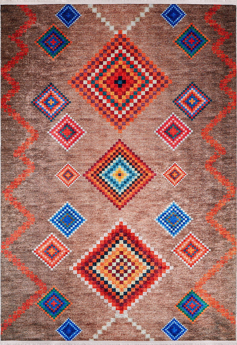 The Kilim Kingdom - Washable Rug - JR1536 (Custom Size) features multicolor geometric diamond patterns in red, orange, blue, and white on a brown background with zigzag accents—ideal for high-traffic areas.