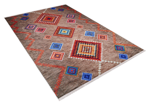 Bild 1 in Galerieansicht laden. The Kilim Kingdom - Washable Rug - JR1536 (Custom Size) features vibrant red, blue, green, orange, and white diamond and square patterns on a brown background with a thin white fringe—perfect for high-traffic areas.