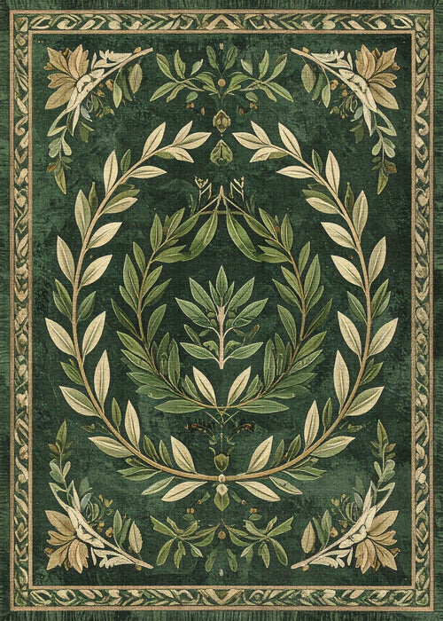 Load image 1 in gallery view. The Laurel Crown - Washable Rug (JRS024) features ornate cream and light green laurel wreaths and leafy floral patterns, framed by a decorative border—an elegant, easy-care choice for enhancing modern interiors.