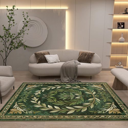 Load image 1 in gallery view. A modern living room with a light sofa, cushions, and a gray throw, featuring the Laurel Crown - Washable Rug - JRS024 with a geometric pattern, minimalist wall art, shelves with vases, and a potted plant—ideal for stylish spaces.