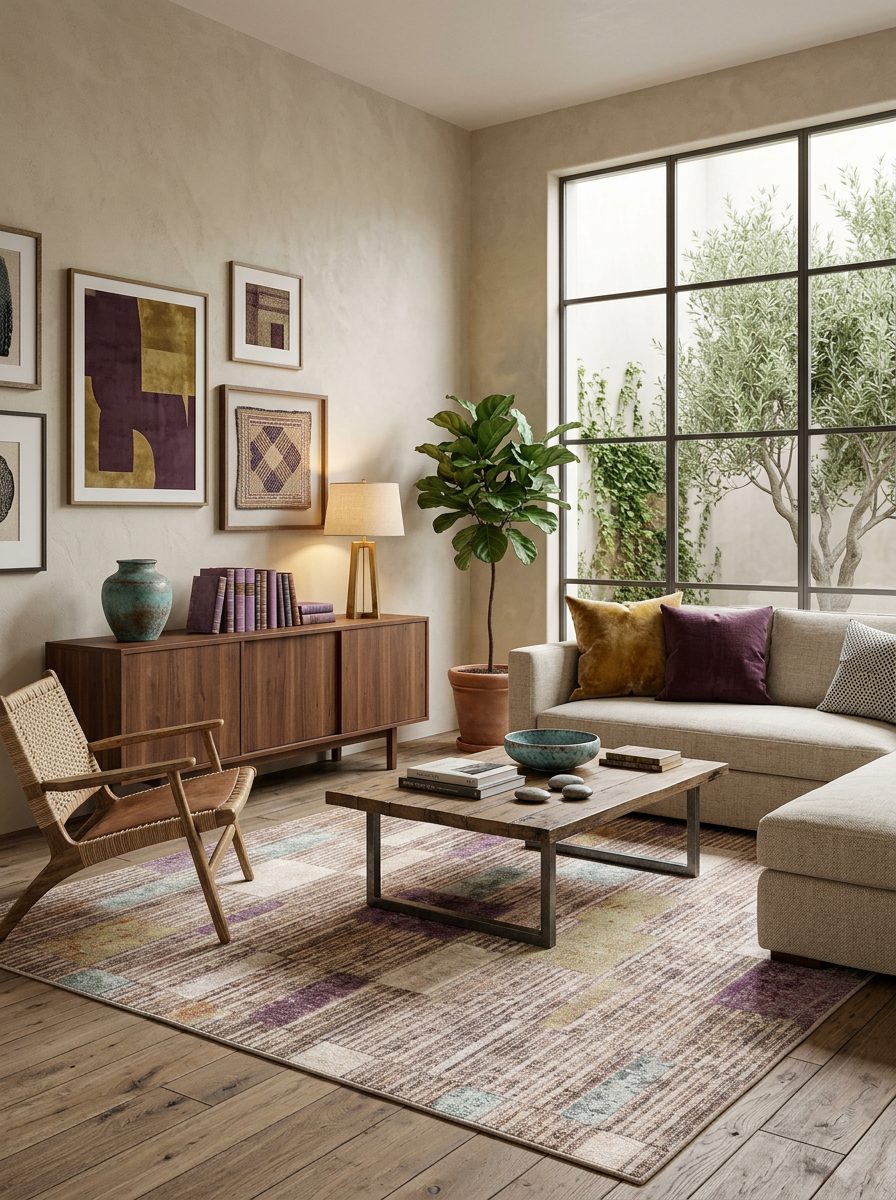 Multi-colored abstract block rug with a textured linear pattern, styled in a modern living room.