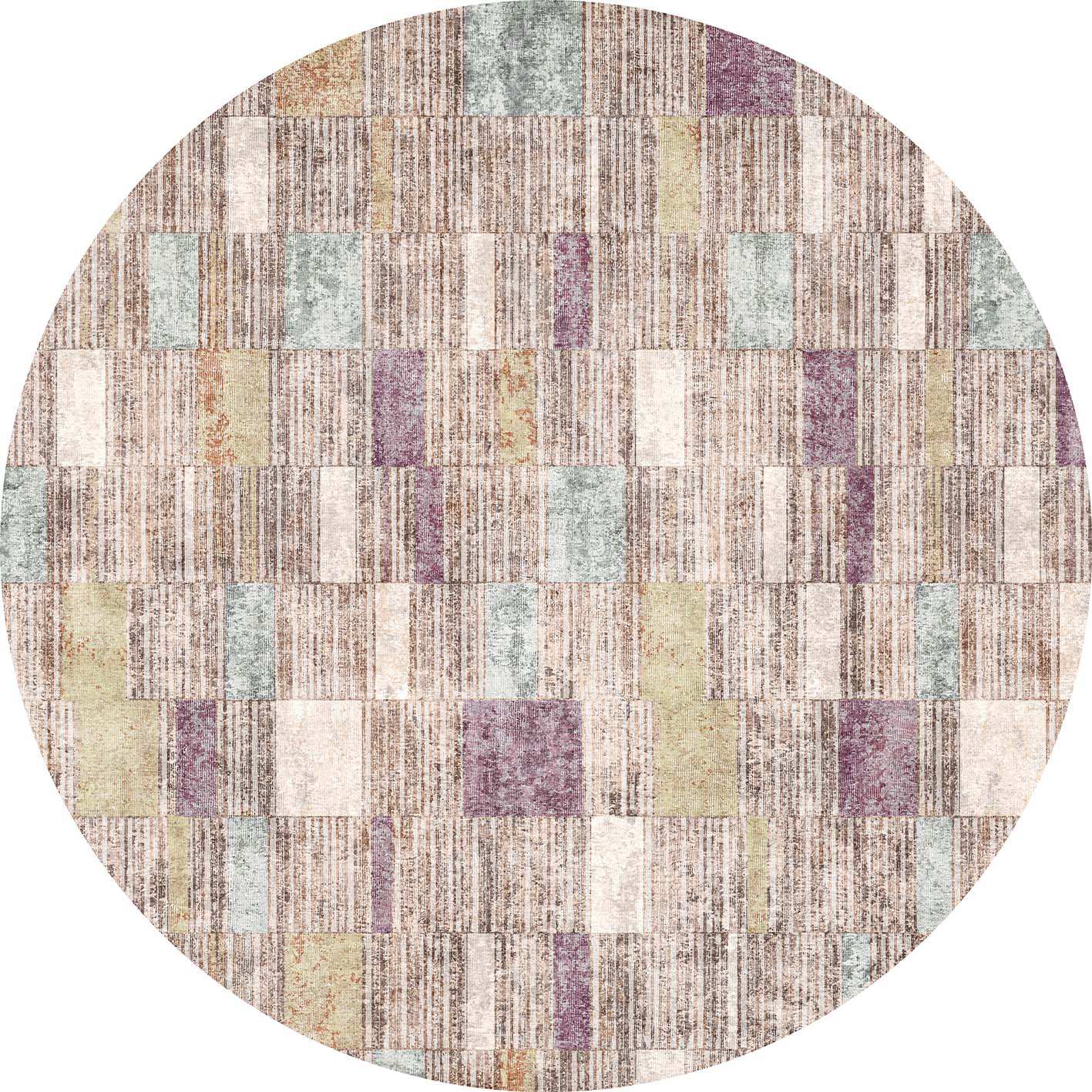 Round rug with a multi-colored geometric block pattern in shades of brown, purple, teal, and cream.