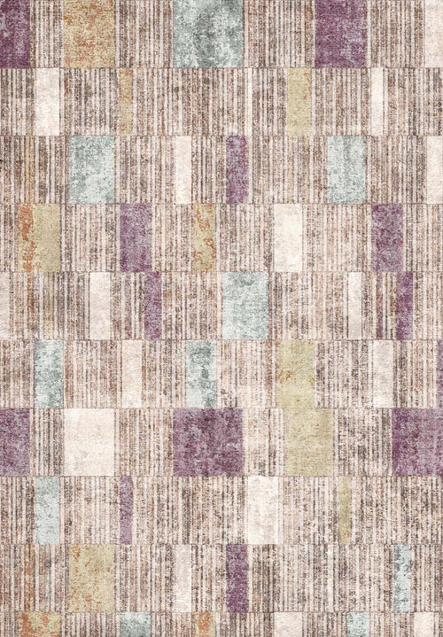 Load image 1 in gallery view. Abstract rug with a grid of vertical striped brown textures and solid blocks of plum, teal, cream, and mustard yellow.