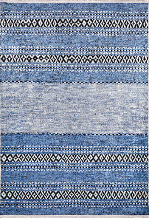 Load image 1 in gallery view. The Layered Lines - Washable Rug - JR1545 (Custom Size) features horizontal stripes, zigzags, and diamond patterns in blue and gray. Its washable design makes it ideal for high-traffic areas, blending style with convenience.