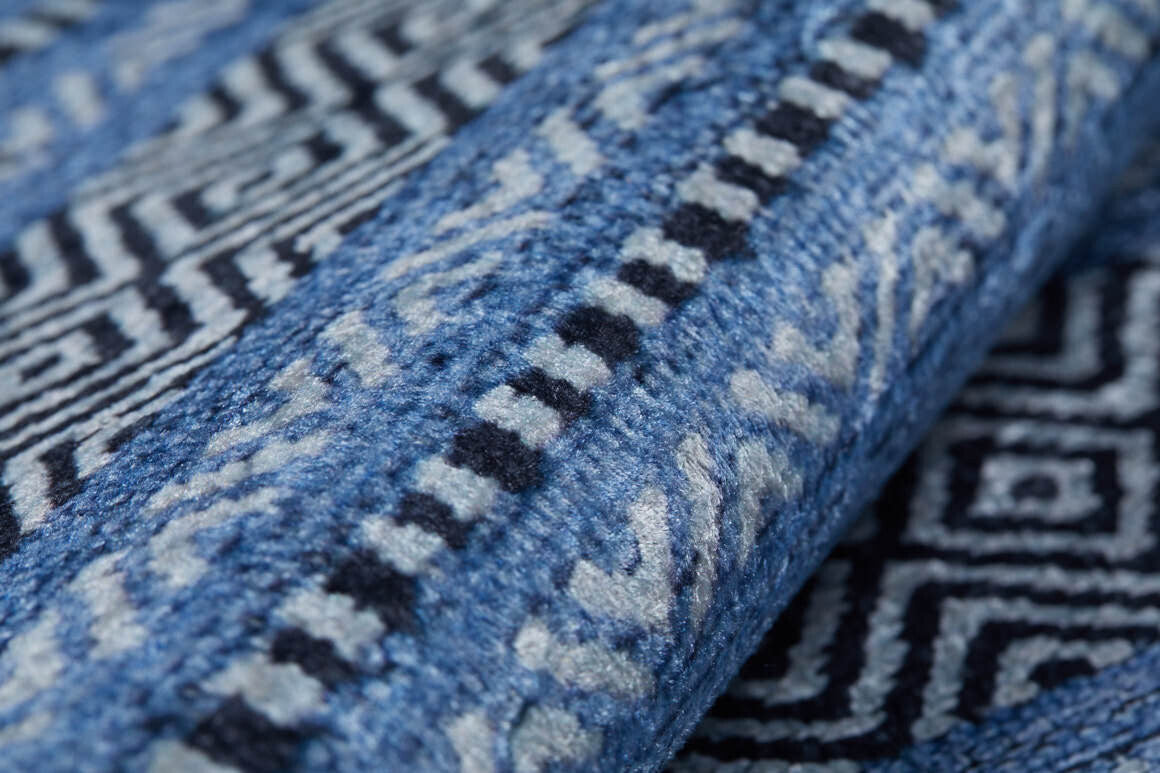 Close-up of Layered Lines - Washable Rug - JR1545 (Custom Size) in blue and white, showing geometric zigzag and square patterns with textured weave—ideal for high-traffic areas and easy to wash.